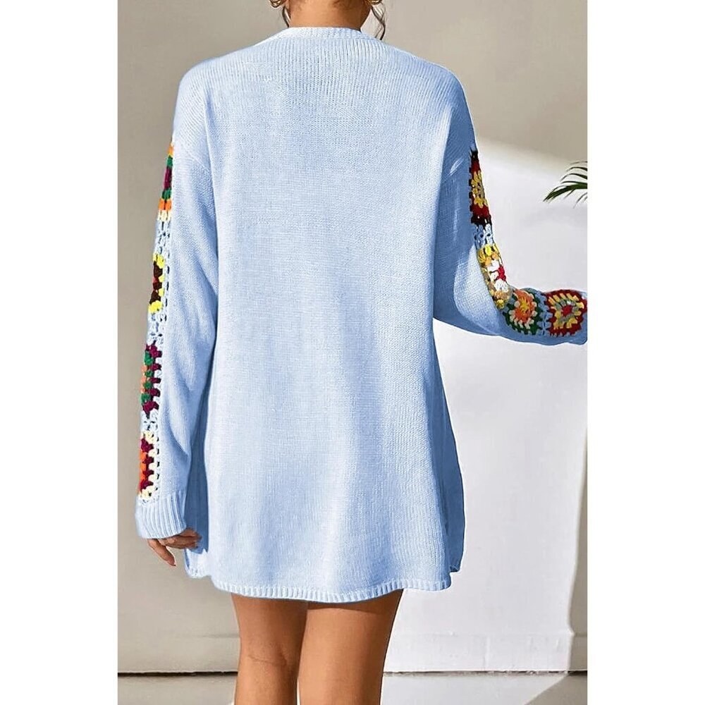 Boho Floral Crochet Cardigan Women Long Sleeve Knit Sweater Casual Warm - Picture 5 of 5